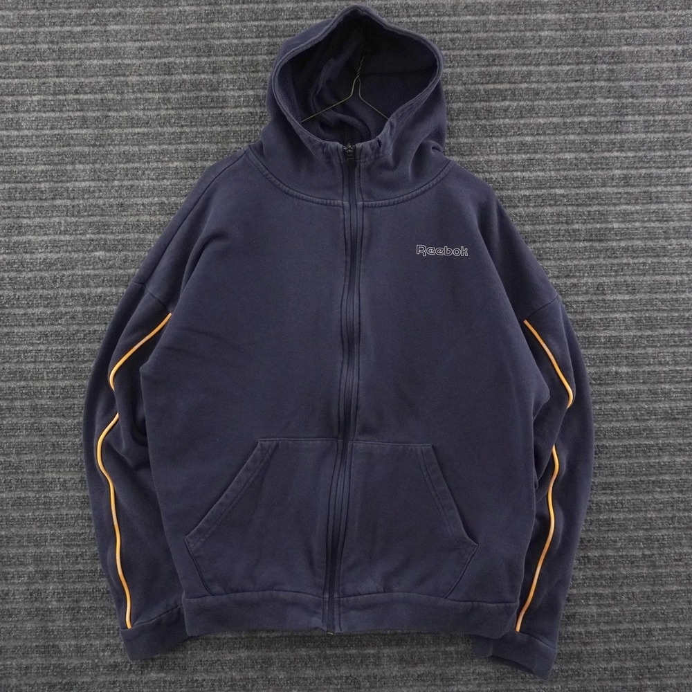 Vintage Reebok Full Zip Hoodie Mens Small Navy Blue Orange Piping Logo